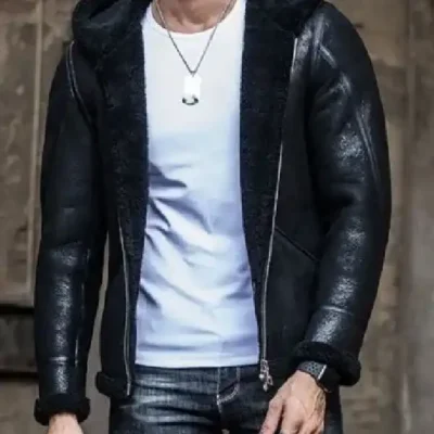 Mens Hooded Shearling Leather Black Jacket