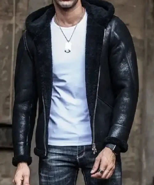 Mens Hooded Shearling Leather Black Jacket