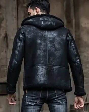 Mens Hooded Shearling Leather Black Jacket back