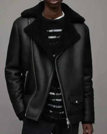 Mens Leather Shearling Biker Back Jacket