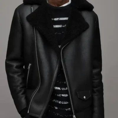 Mens Leather Shearling Biker Back Jacket