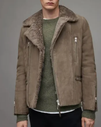 Mens Leather Shearling Biker Beige Gray Jacket
