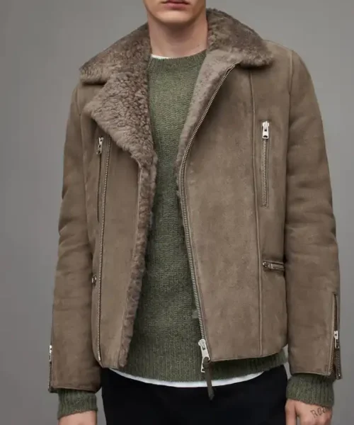 Mens Leather Shearling Biker Beige Gray Jacket