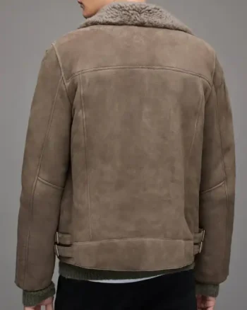 Mens Leather Shearling Biker Beige Gray Jacket back