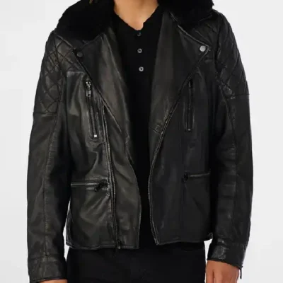 Mens Leather Shearling Biker Black Jacket