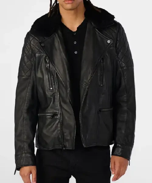Mens Leather Shearling Biker Black Jacket