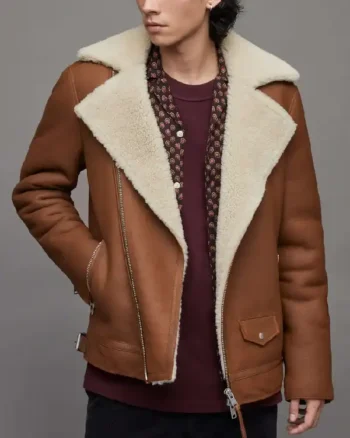 Mens Leather Shearling Biker Tan Brown Jacket
