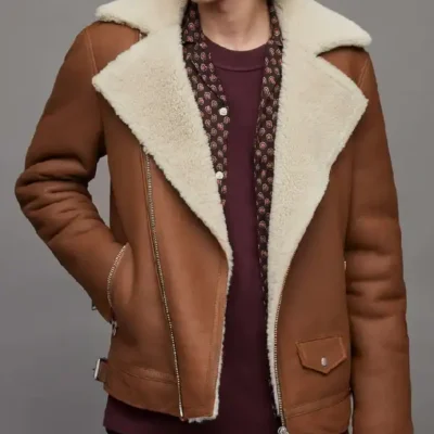 Mens Leather Shearling Biker Tan Brown Jacket
