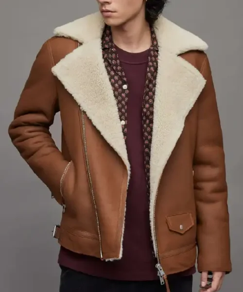 Mens Leather Shearling Biker Tan Brown Jacket