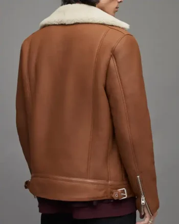 Mens Leather Shearling Biker Tan Brown Jacket back