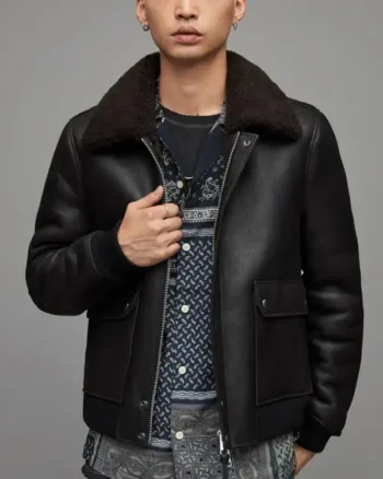 Mens Leather Shearling Bomber Black Jacket