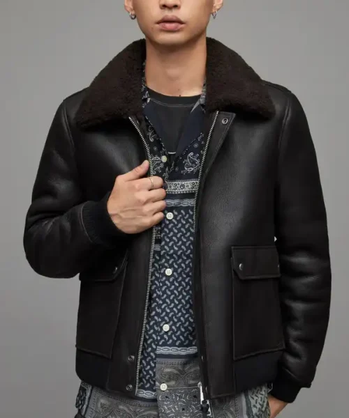Mens Leather Shearling Bomber Black Jacket
