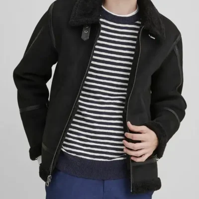 Mens Leather Suede Shearling Black Jacket