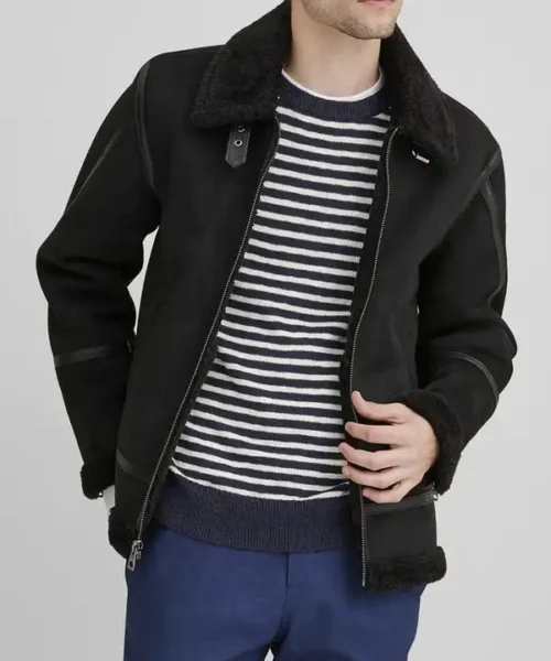 Mens Leather Suede Shearling Black Jacket