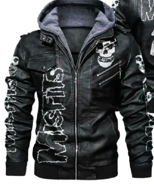 Men’s Misfits Black Leather Jacket with Hood