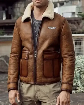 Mens Raf Shearling Aviator Leather Brown Jacket