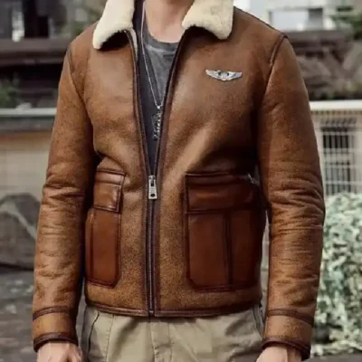 Mens Raf Shearling Aviator Leather Brown Jacket
