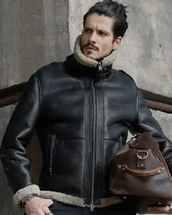 Mens Raf Shearling Fur Leather Black Jacket
