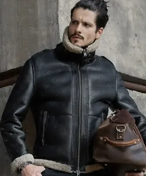 Mens Raf Shearling Fur Leather Black Jacket