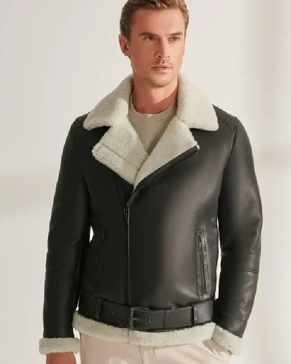 Mens Shearling Aviator Biker Leather Black Jacket (1)
