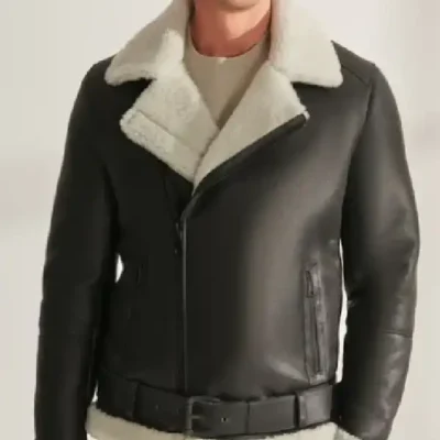 Mens Shearling Aviator Biker Leather Black Jacket