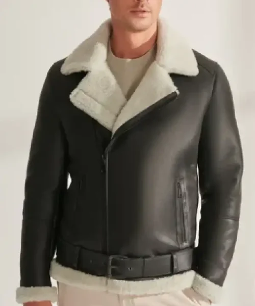 Mens Shearling Aviator Biker Leather Black Jacket