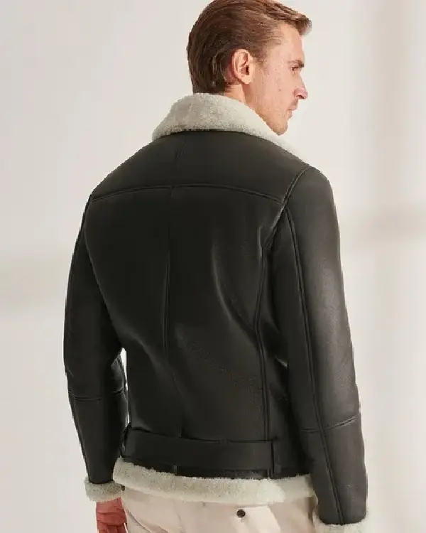 Mens Shearling Aviator Biker Leather Black Jacket sale