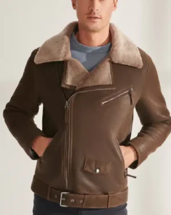 Mens Shearling Aviator Biker Leather Dark Brown Jacket