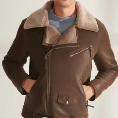 Mens Shearling Aviator Biker Leather Dark Brown Jacket
