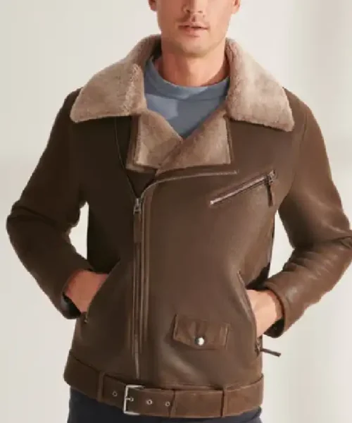 Mens Shearling Aviator Biker Leather Dark Brown Jacket