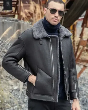 Mens Shearling Aviator Fur Leather Matte Black Jacket