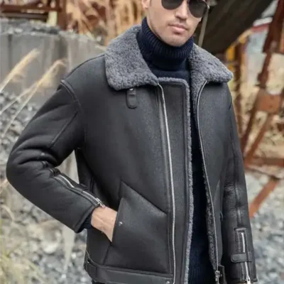 Mens Shearling Aviator Fur Leather Matte Black Jacket