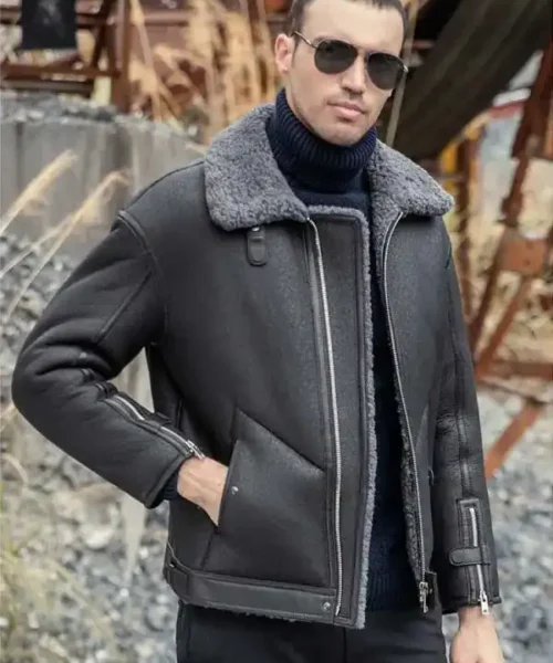 Mens Shearling Aviator Fur Leather Matte Black Jacket