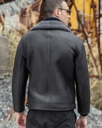 Mens Shearling Aviator Fur Leather Matte Black Jacket back