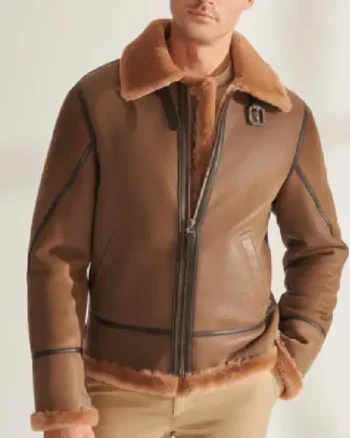Mens Shearling Aviator Leather Camel Brown Jacket