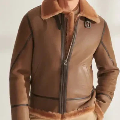 Mens Shearling Aviator Leather Camel Brown Jacket