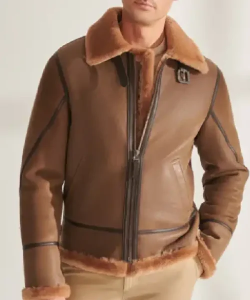 Mens Shearling Aviator Leather Camel Brown Jacket