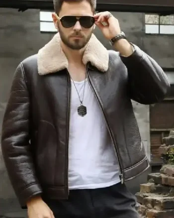 Mens Shearling Aviator Leather Coffee Brown Jacket