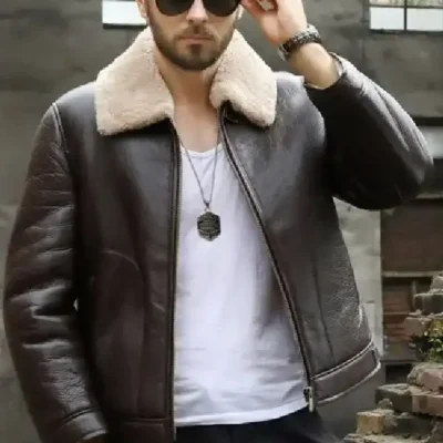 Mens Shearling Aviator Leather Coffee Brown Jacket