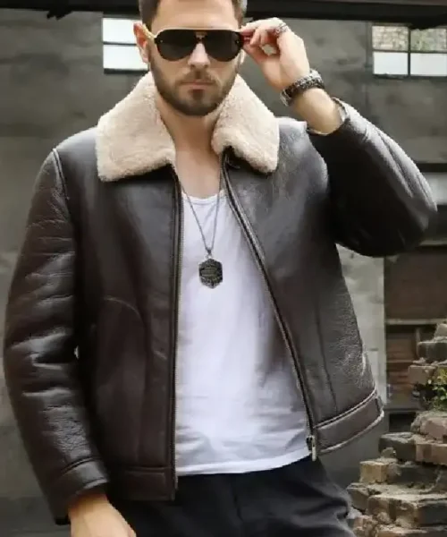 Mens Shearling Aviator Leather Coffee Brown Jacket