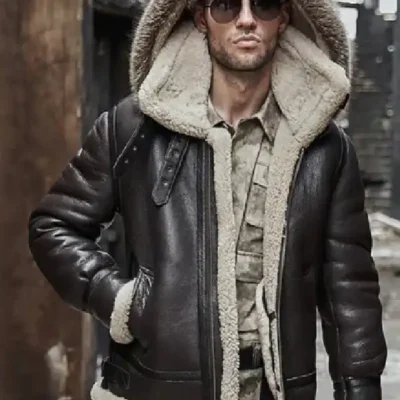 Mens Shearling Aviator Parka Leather Dark Brown Jackets