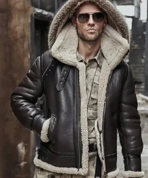 Mens Shearling Aviator Parka Leather Dark Brown Jackets