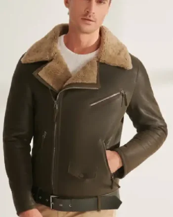 Mens Shearling Fur Biker Leather Khaki Jacket