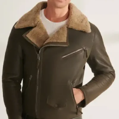 Mens Shearling Fur Biker Leather Khaki Jacket