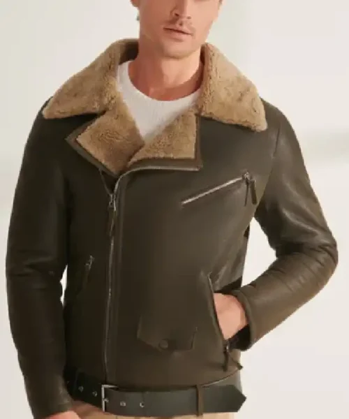 Mens Shearling Fur Biker Leather Khaki Jacket