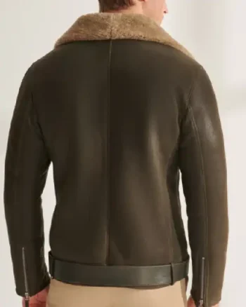 Mens Shearling Fur Biker Leather Khaki Jacket - Image 2