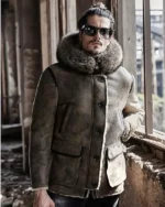 Mens Shearling Parka Leather Tan Beige Jackets