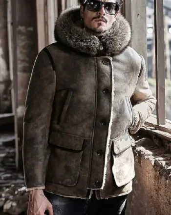 Mens Shearling Parka Leather Tan Beige Jackets