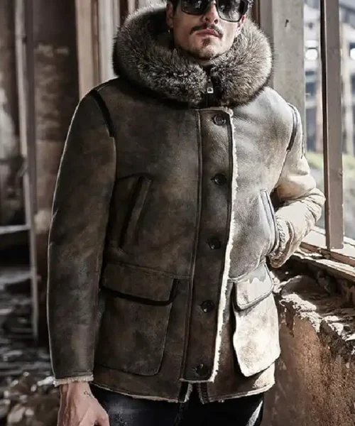 Mens Shearling Parka Leather Tan Beige Jackets