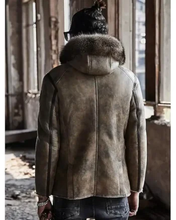 Mens Shearling Parka Leather Tan Beige Jackets - Image 2